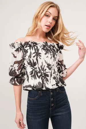 Smocked Off-Shoulder Floral Printed Top with Ruffles BLACK CREAM 46ef88619acd4326bf5a2aeeb014e640-Max-Origin