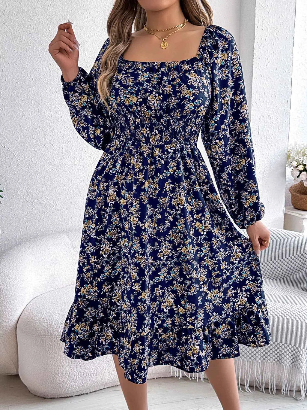 Floral Print Long Sleeve Square Neck Midi Dress 46f4aa0b566a41a6b458a3518f5425c0-Max-Origin