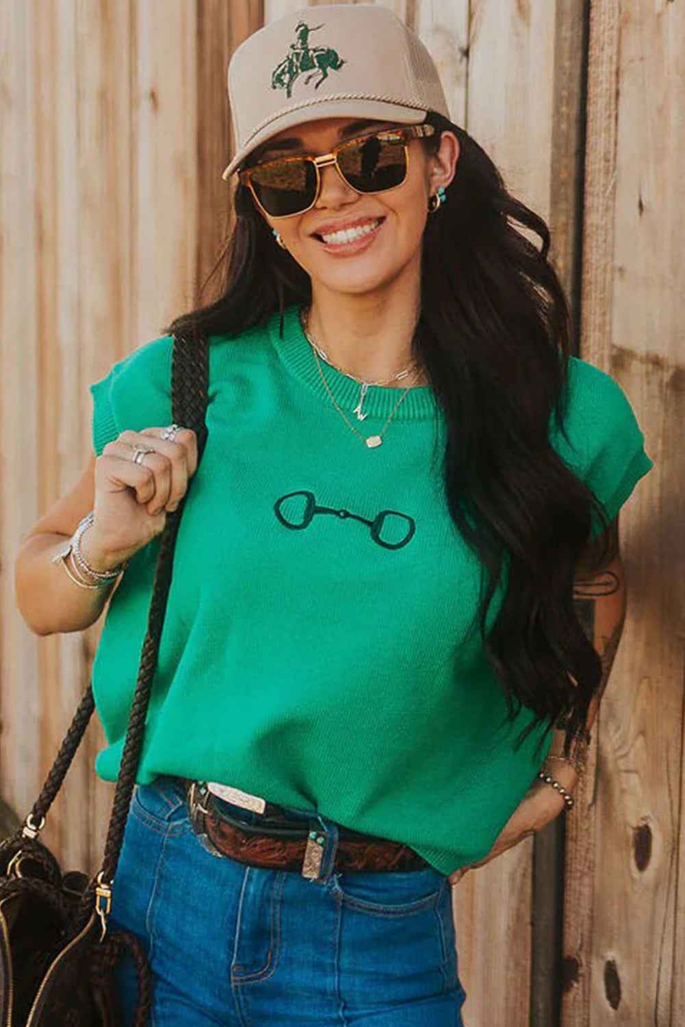 Bright Green Horse Bit Embroidered Short Sleeve Sweater 46f53241b7792e9b