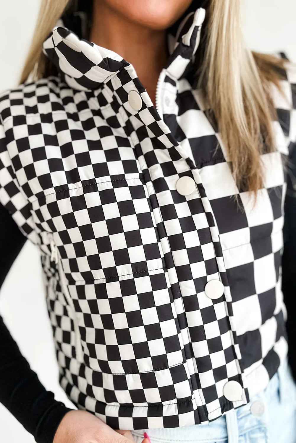 Black Checkered Stand Collar Cropped Puffer Vest 46f5ac578a71fd09