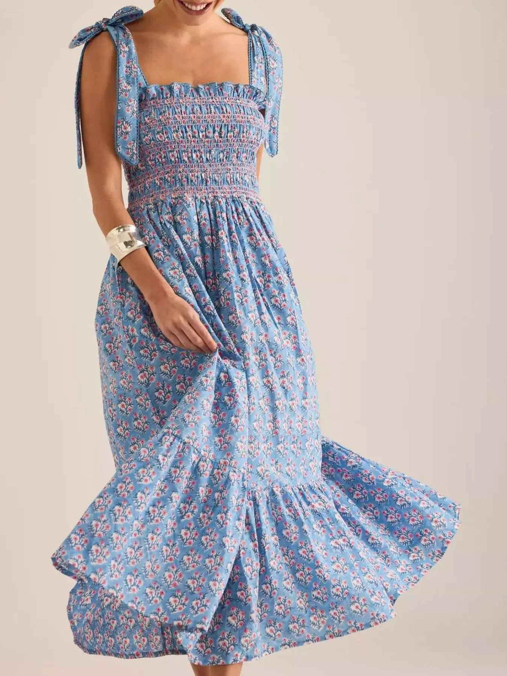 Floral Smocked Tie-Shoulder Midi Dress Sky Blue 46f73a10-3320-4c9f-b4e8-3d3c7c3dac37-Max-Origin