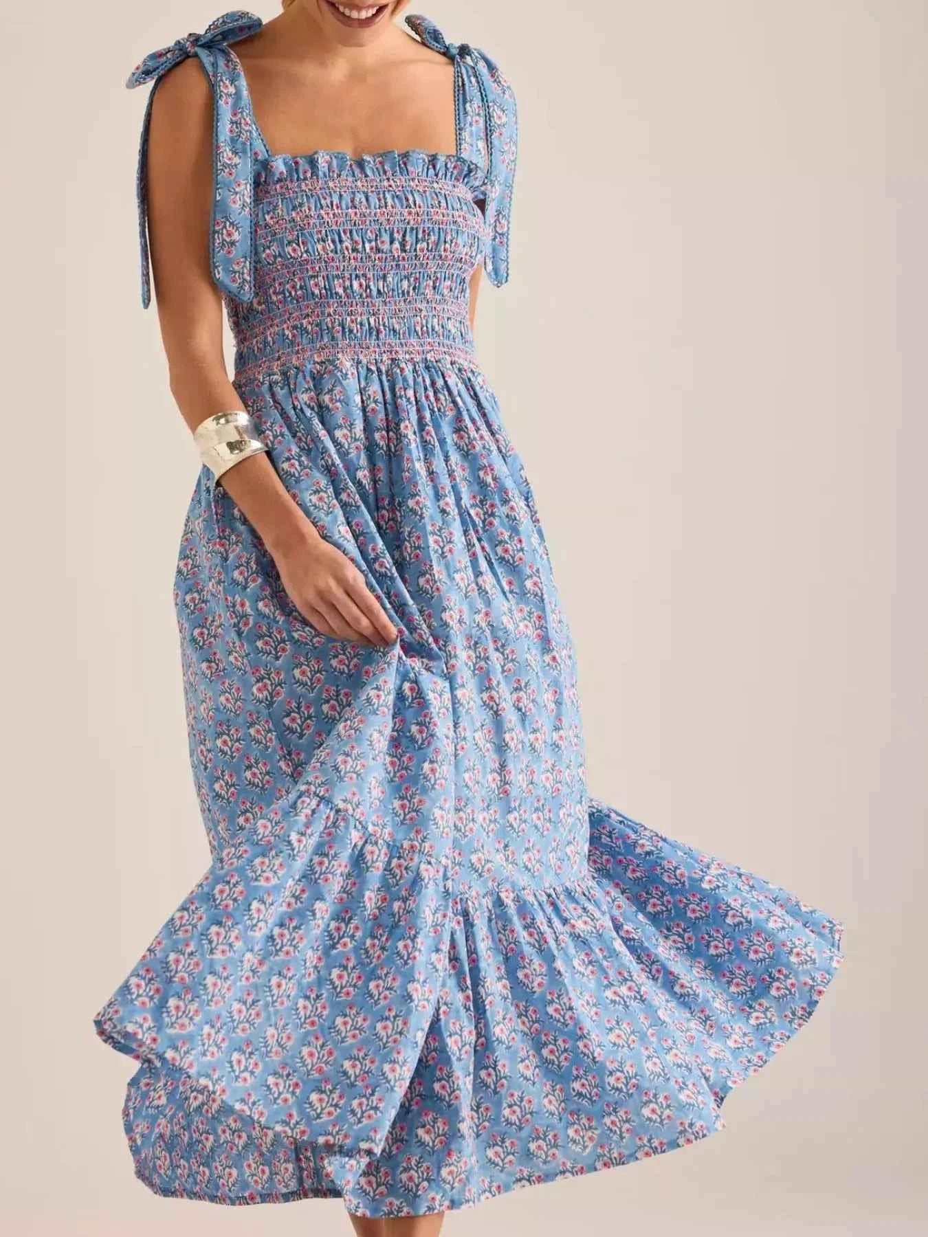 Floral Smocked Tie-Shoulder Midi Dress Sky Blue 46f73a10-3320-4c9f-b4e8-3d3c7c3dac37-Max-Origin