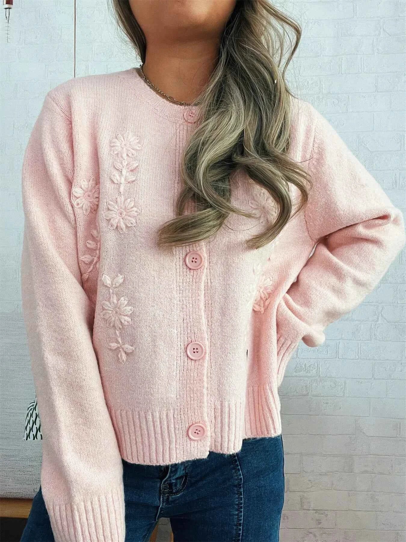 Flower Button Up Ribbed Hem Cardigan 46fee6e40e5c40ab9623c6419dbf2314-Max-Origin