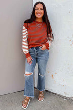 Orange Stripe Contrast Sleeve Patchwork Drop Shoulder Long Sleeve Sweatshirt 46ff6ba562e778d8