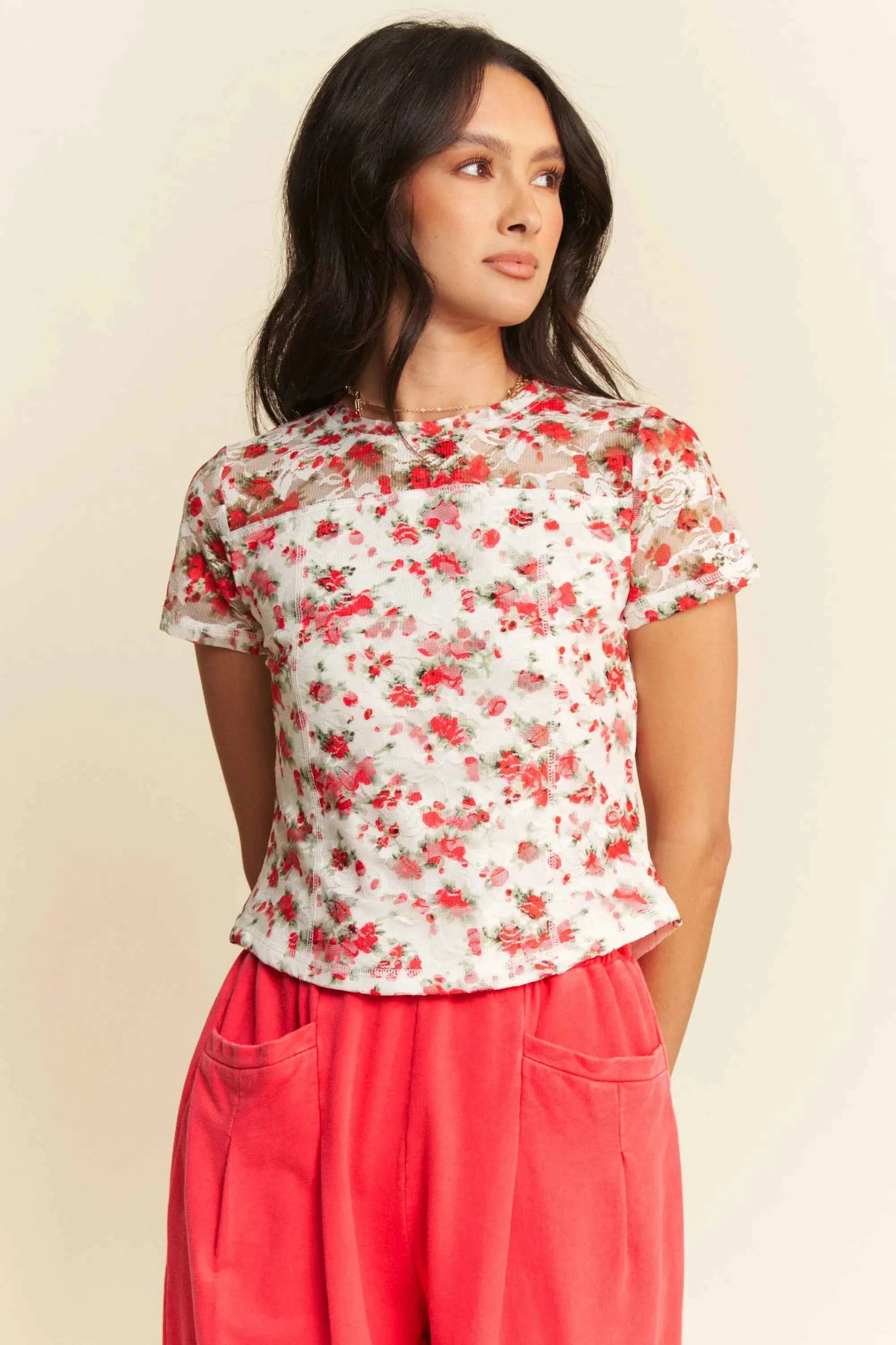 Davi & Dani Ribbon Short Sleeve Layered Mesh Top 4701043654f9493ebde9a252d5e2a9cf-Max-Origin