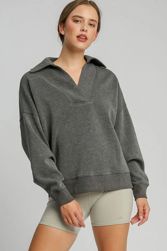 Umgee Johnny Collar Dropped Shoulder Sweatshirt Charcoal 4702a83c-70a2-4517-8f8e-88bb74422ca7-Max