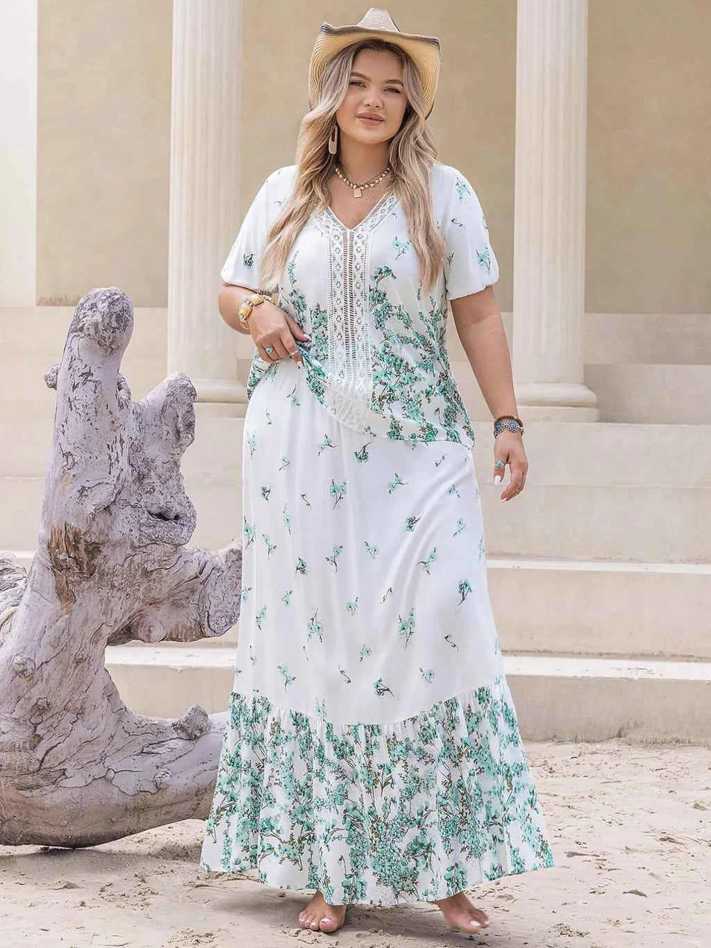 Plus Size Printed Lace Detail Short Sleeve Top and Skirt Set White 4705295e-92ce-464e-9440-52a62d730bea-Max-Origin