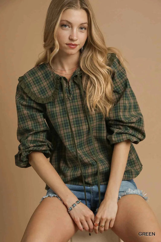 Umgee Full Size Plaid Ruffle Collar Blouse Plus Size Green 47069aaf-b1f8-47b1-bbb8-6003f4f4f2d1-Max-Origin