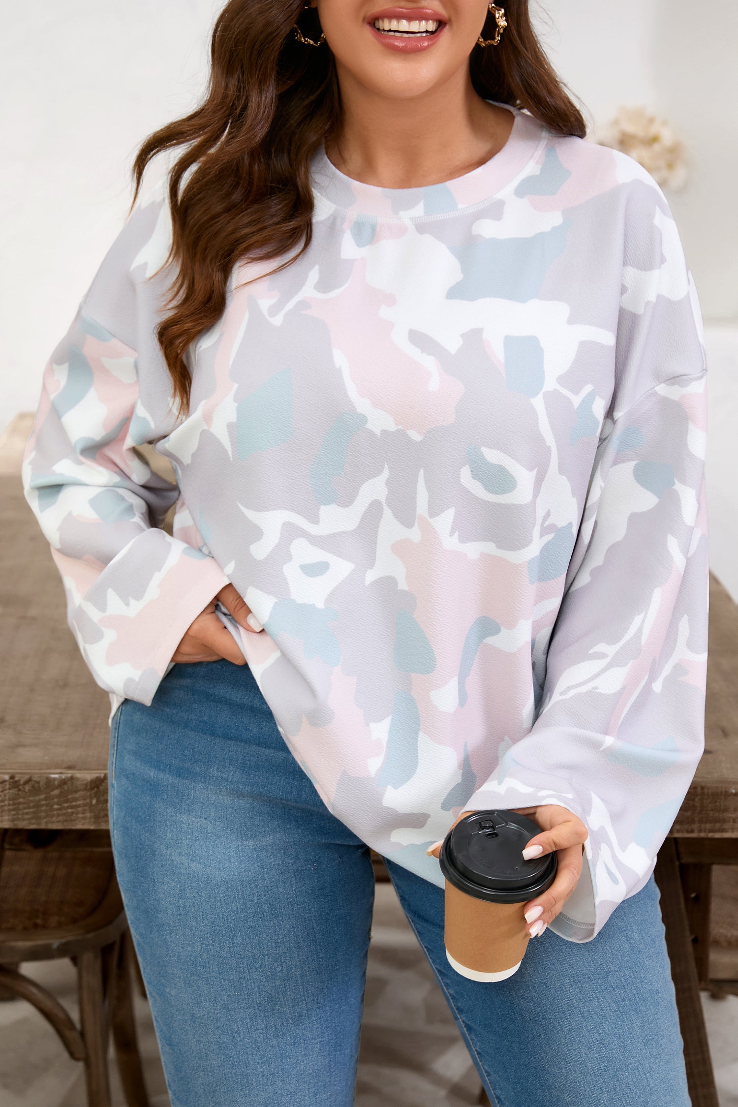 Green Plus Size Camouflage Print Drop Shoulder Loose Pullover Top 470adcf78e7b8037