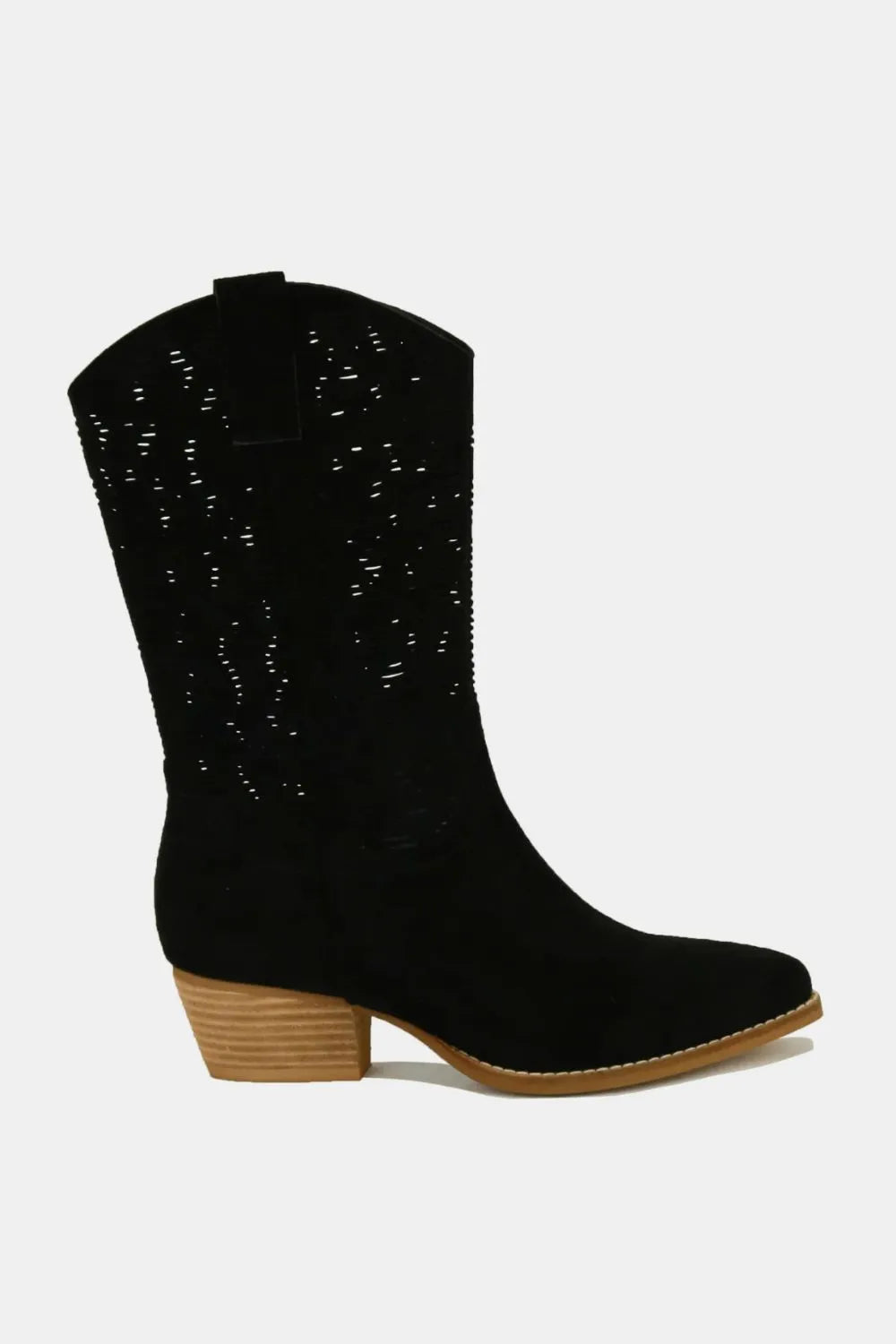 Beast Fashion Faux Suede Laser Cut Detail Block Heel Boots Black 470ecb20-a031-43ca-9eab-b776020d8370-Max