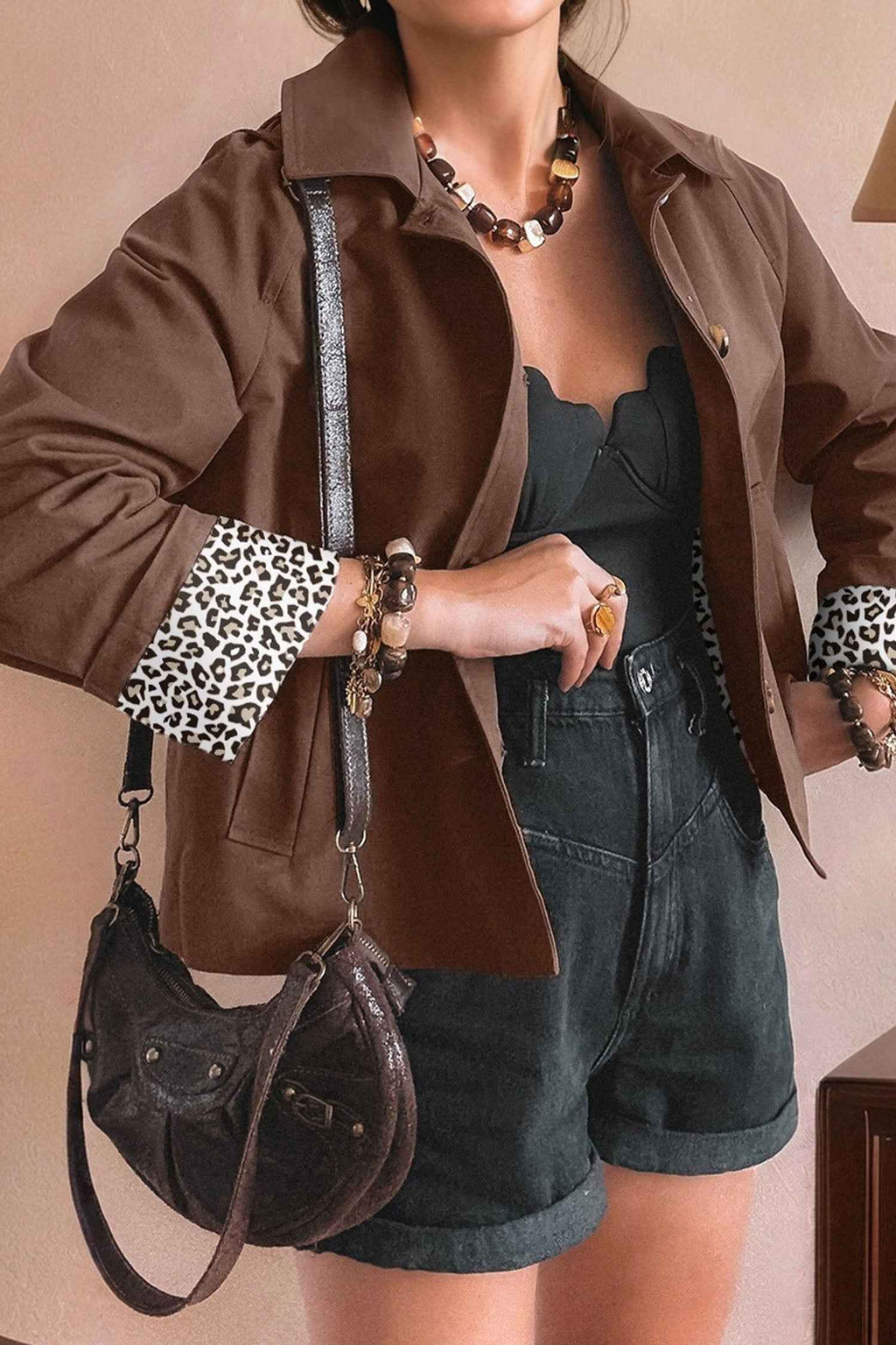 Dark Brown Collared Buttoned Leopard Liner Patchwork Chic Jacket Dark Brown 100%Cotton 471069590c8e2c2f