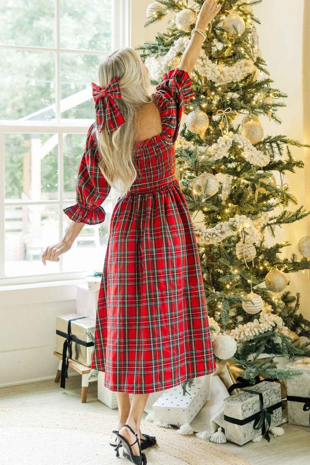 Red Plaid Square Neck Puff Sleeve Bowknot Waist Flared Midi Dress 4710f2d8b5d9385e