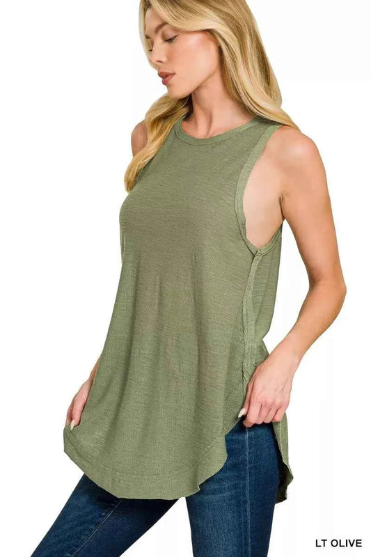 Zenana Curved Hem Slub Tunic Tank LT OLIVE 471283492c754567bfbc8e6fc02630f6-Max-Origin