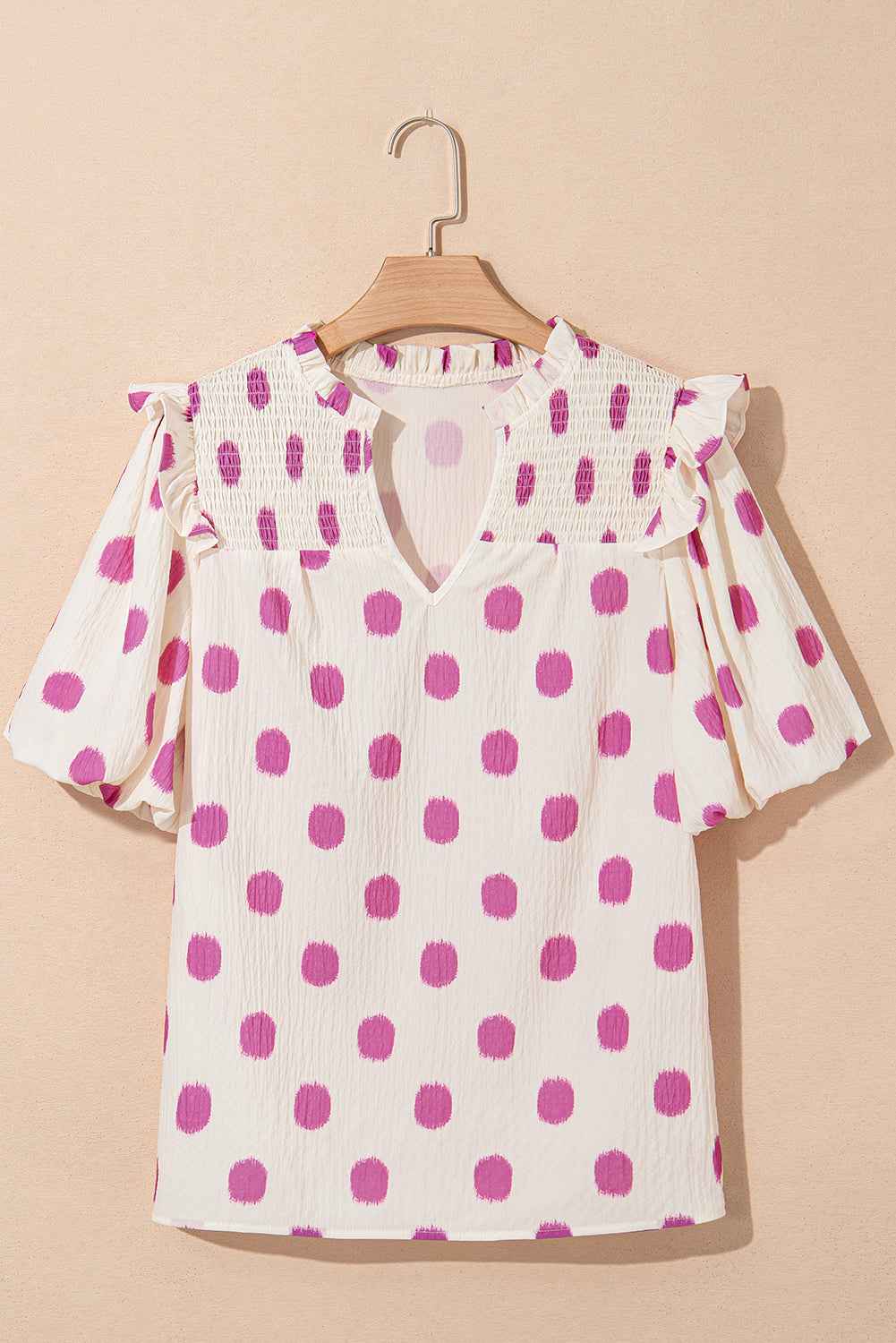 Rose Polka Dot Print Shirred Notched Neck Puff Sleeve Blouse 4717affcad782330