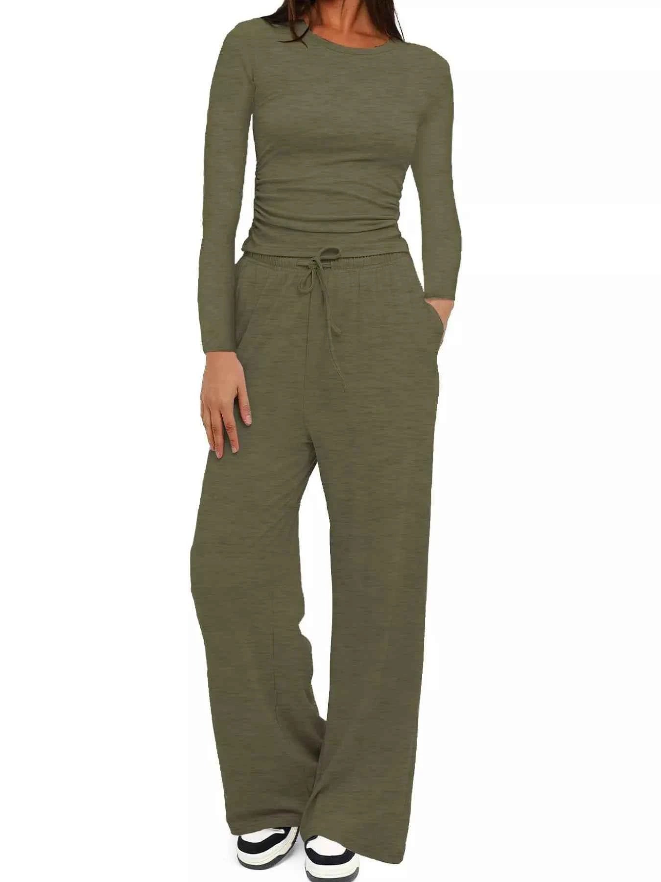 Round Neck Long Sleeve Top and Pants Set Army Green 4718d4c2-b701-422e-a844-ae015a315849-Max-Origin
