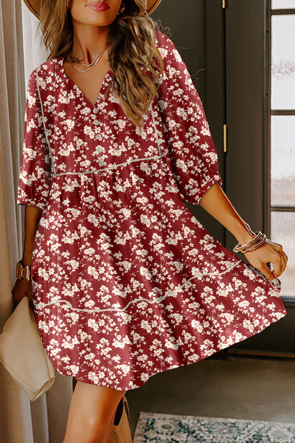 Yellow Floral Print Contrast Trim Button Tie Neck Swing Dress 4721179b7faebed6