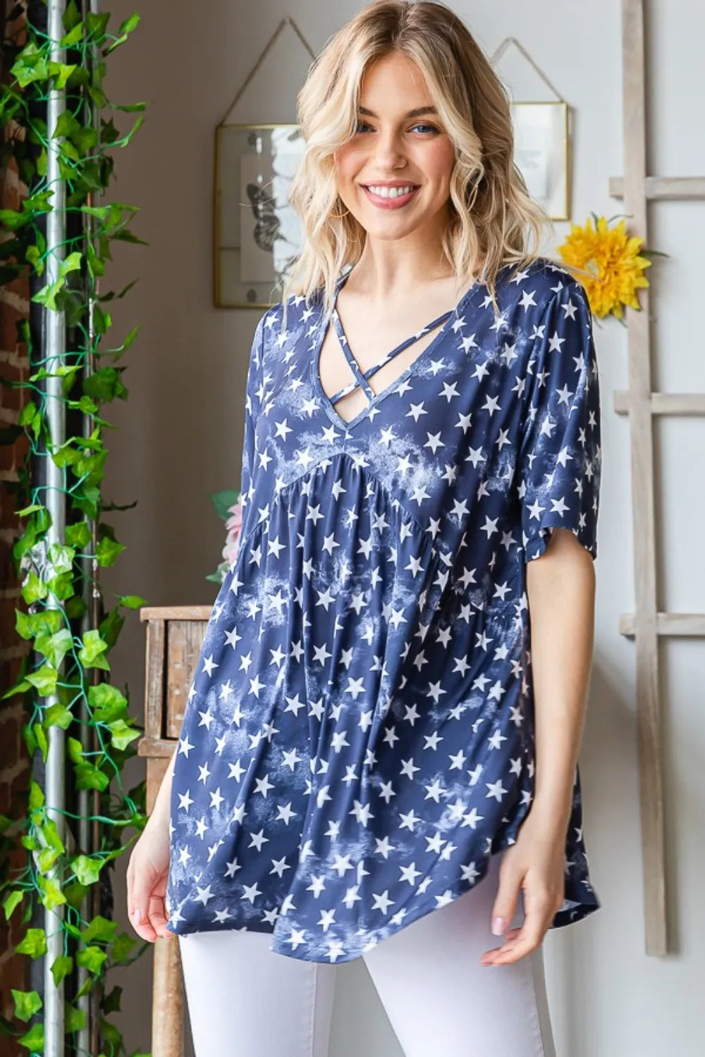 Heimish Full Size Short Sleeve Crisscross Star Babydoll Top 4721259c-e23b-408f-995e-b5ebae3d0ced-Max