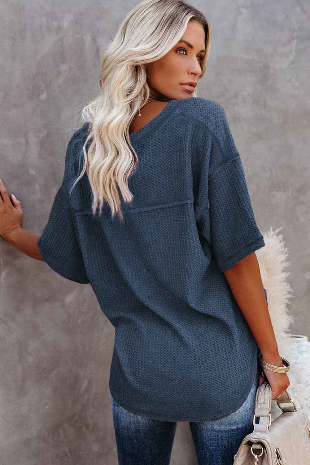 Blue Exposed Seam Drop Sleeve V Neck Waffle Textured Top 4722bbee9e618dc6