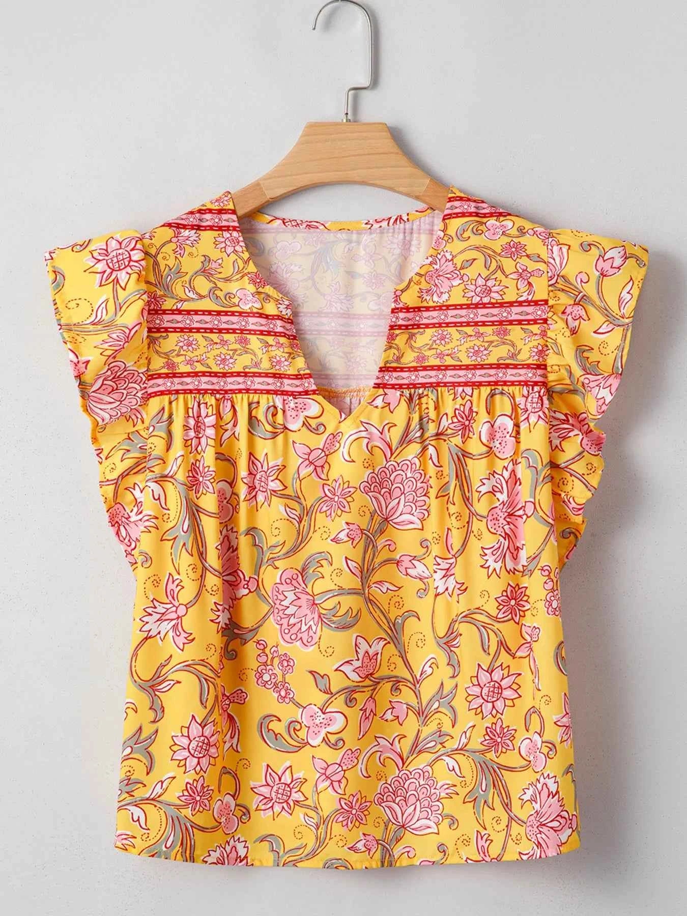 Floral Notched Neck Ruffled Sleeve Casual Blouse 4723b1a87e0546e5ab637b9f04cb25b4-Max-Origin