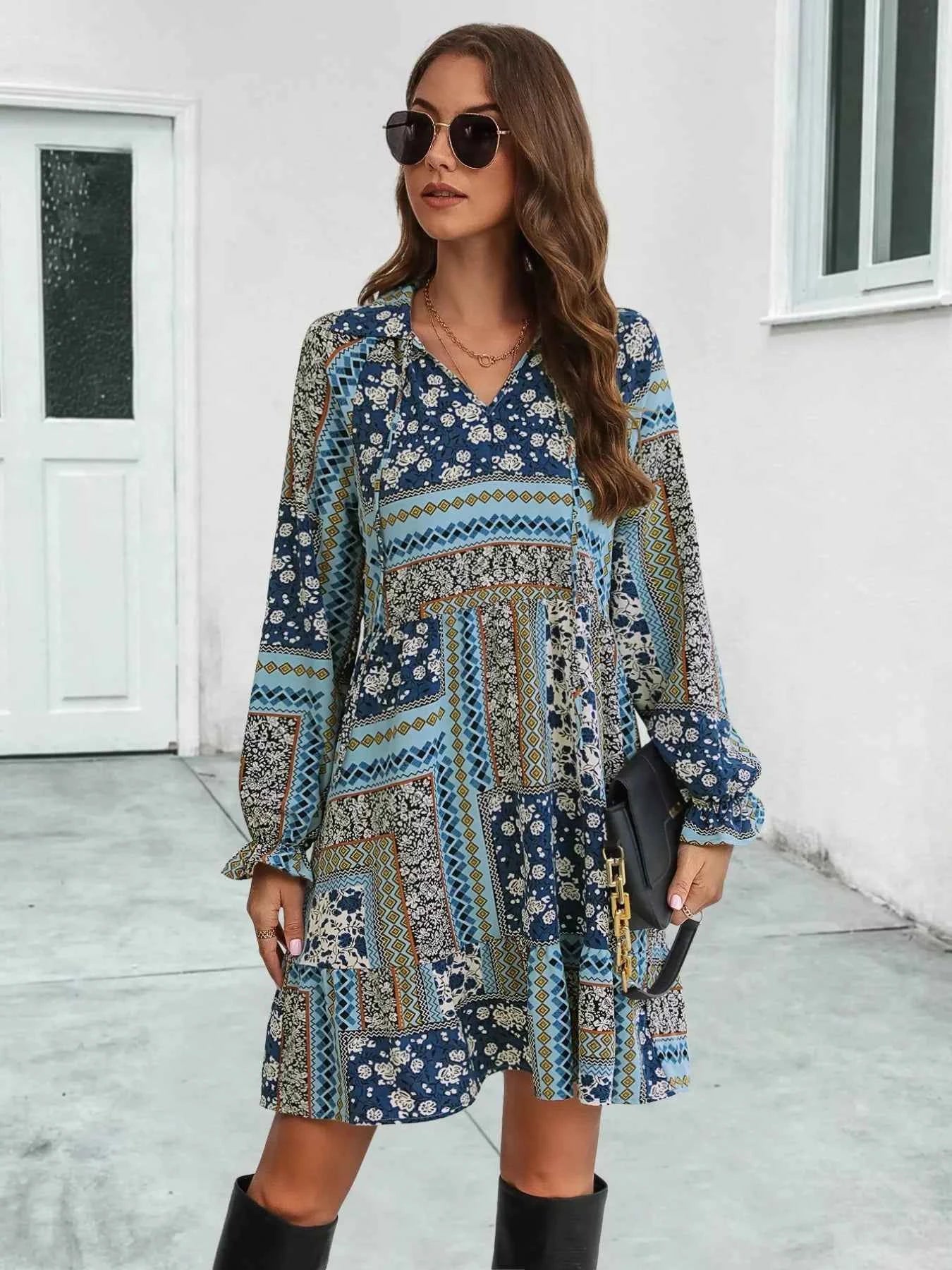 Boho Floral Print Long Sleeve Mini Dress 4724429f-f783-47d6-afcf-5fbc5f8322e3-Max-Origin