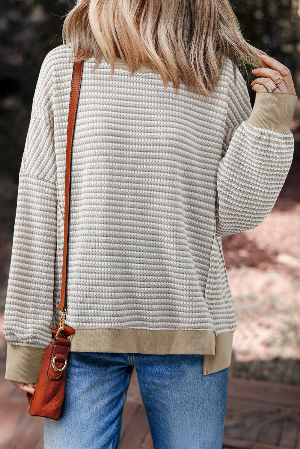 Red Stripe Ribbed Trim Drop Shoulder Long Sleeve Oversized Top Brown Stripe 97%Polyester+3%Elastane 47285b98798f49c7