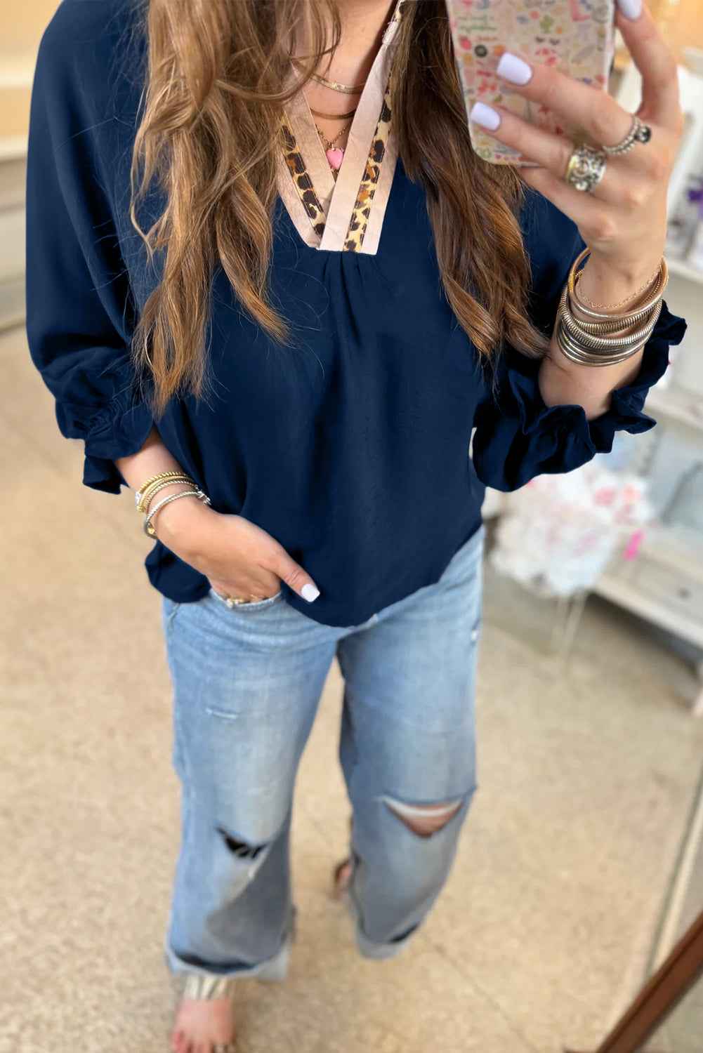 Dirty blue Leopard Trim V Neck Flounced Bracelet Sleeve Blouse 472b14b0f665c899
