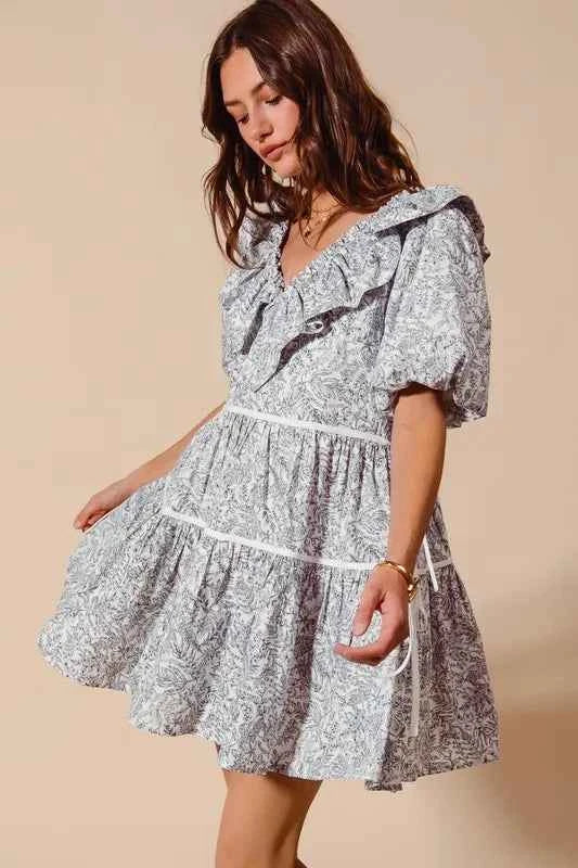 SO ME Cotton Printed Ruffle V Neckline Dress with Side Tie 472df6bb808c4882a2ec229e51d25bdd-Max-Origin