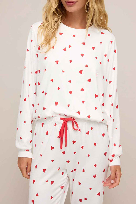 Fiery Red Heart Print Long Sleeve Pullover and Pants Set Fiery Red 95%Polyester+5%Elastane 472f71323254cef6