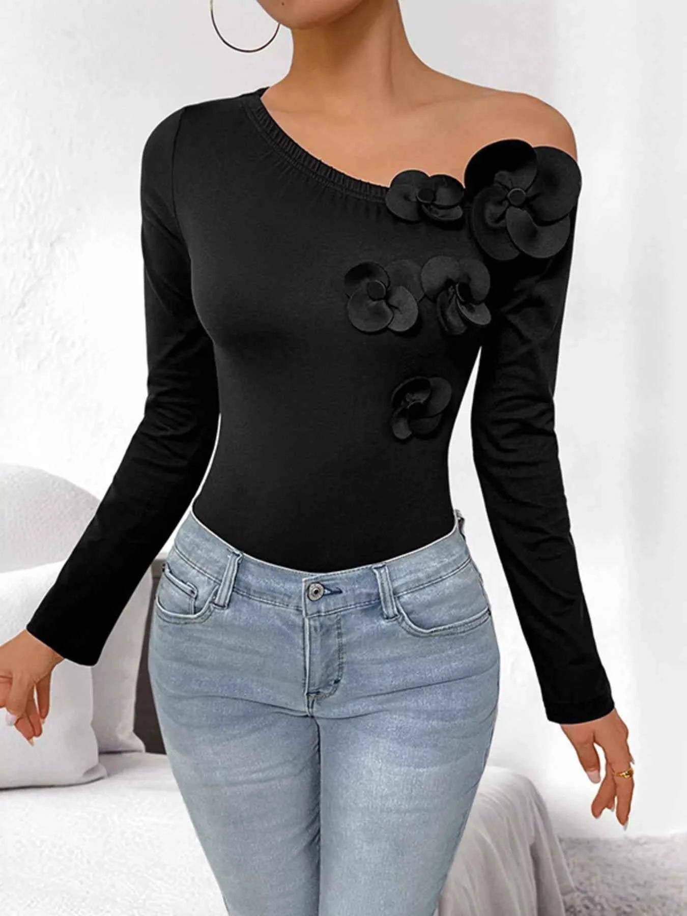 Flower One Shoulder Long Sleeve Bodysuit 4732dc97356a470daef649331787f33f-Max-Origin