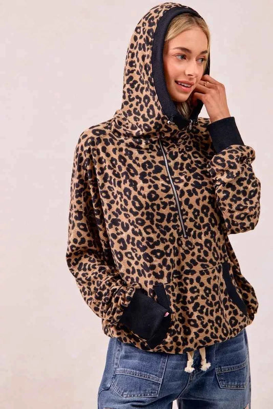 Leopard Print Waffle Half Zip Up Hoodie W Pocket 4733d9ca9bde4fc98a95b47592e6baea-Max-Origin