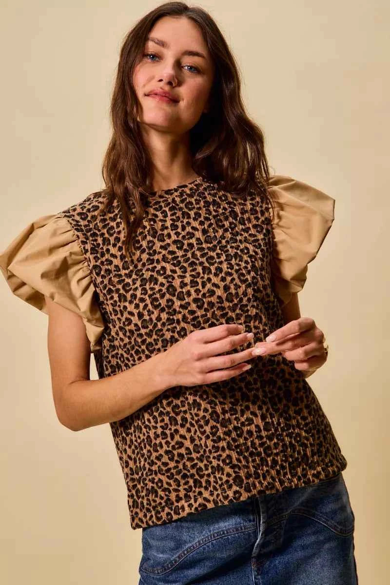 SO ME Leopard Pointelle Knit Top with Puff Sleeves LEOPARD TAUPE 47379f133a094dcbb13c8217a13b5cd8-Max-Origin