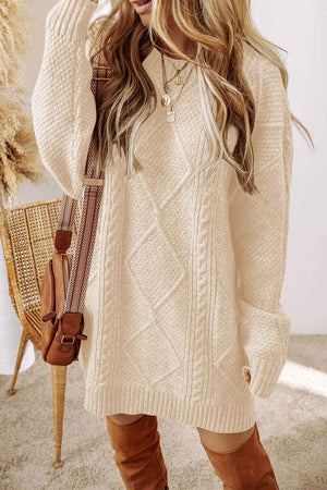 Oatmeal Cable Knit Drop Shoulder Loose Fit Sweater Dress Oatmeal 100%Polyester 473d997b4d12f1e7