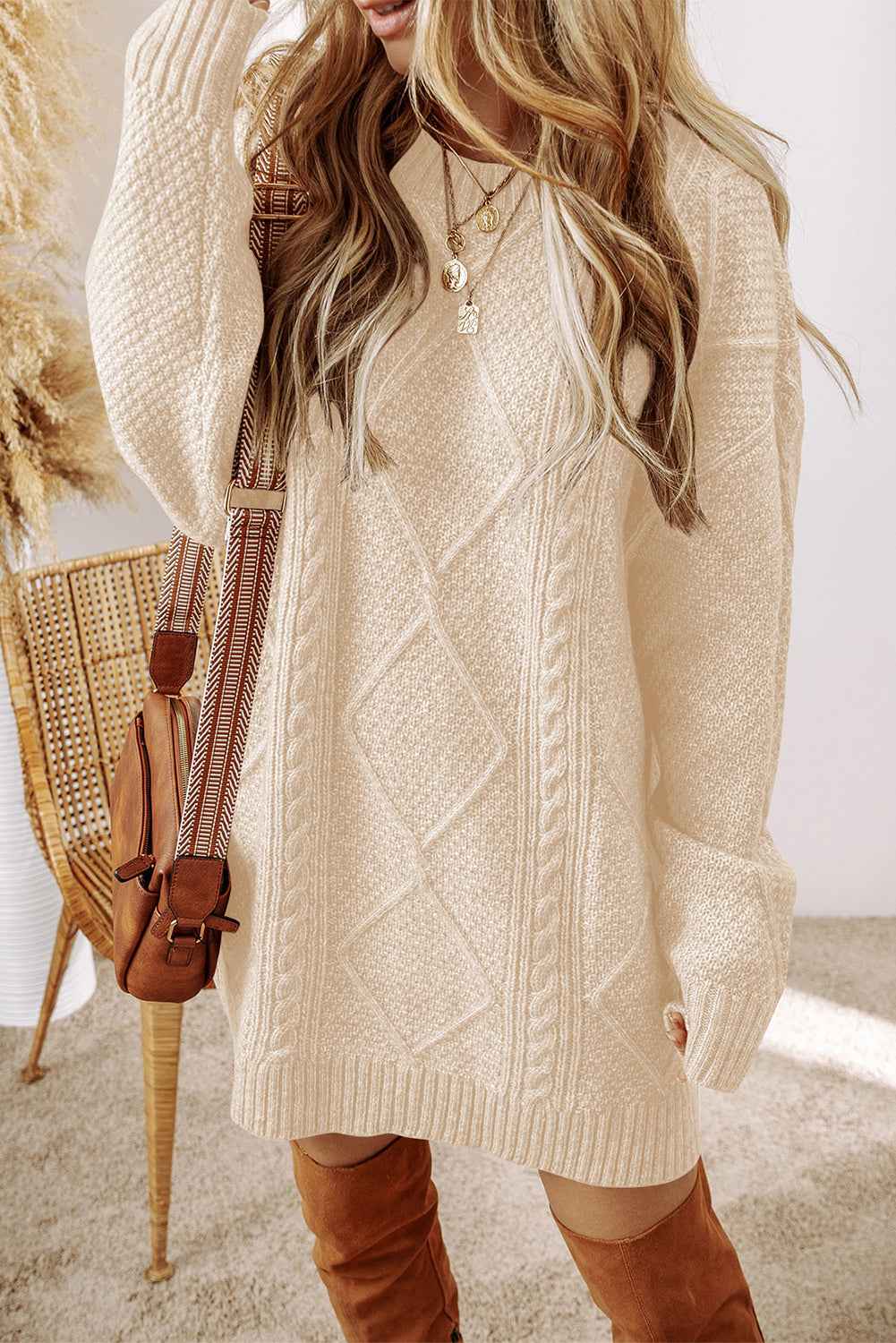 Oatmeal Cable Knit Drop Shoulder Loose Fit Sweater Dress Oatmeal 100%Polyester 473d997b4d12f1e7
