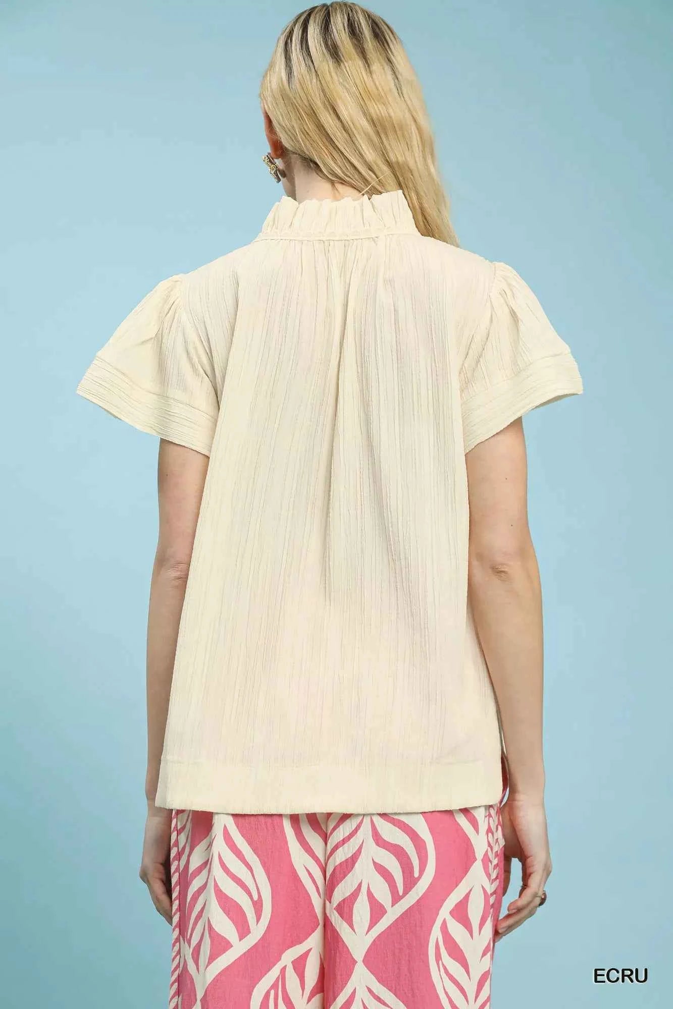 Umgee Texture Flutter Sleeve Notched Blouse 4742d4f0-1ee5-4b99-8507-fe38585dc802-Max-Origin