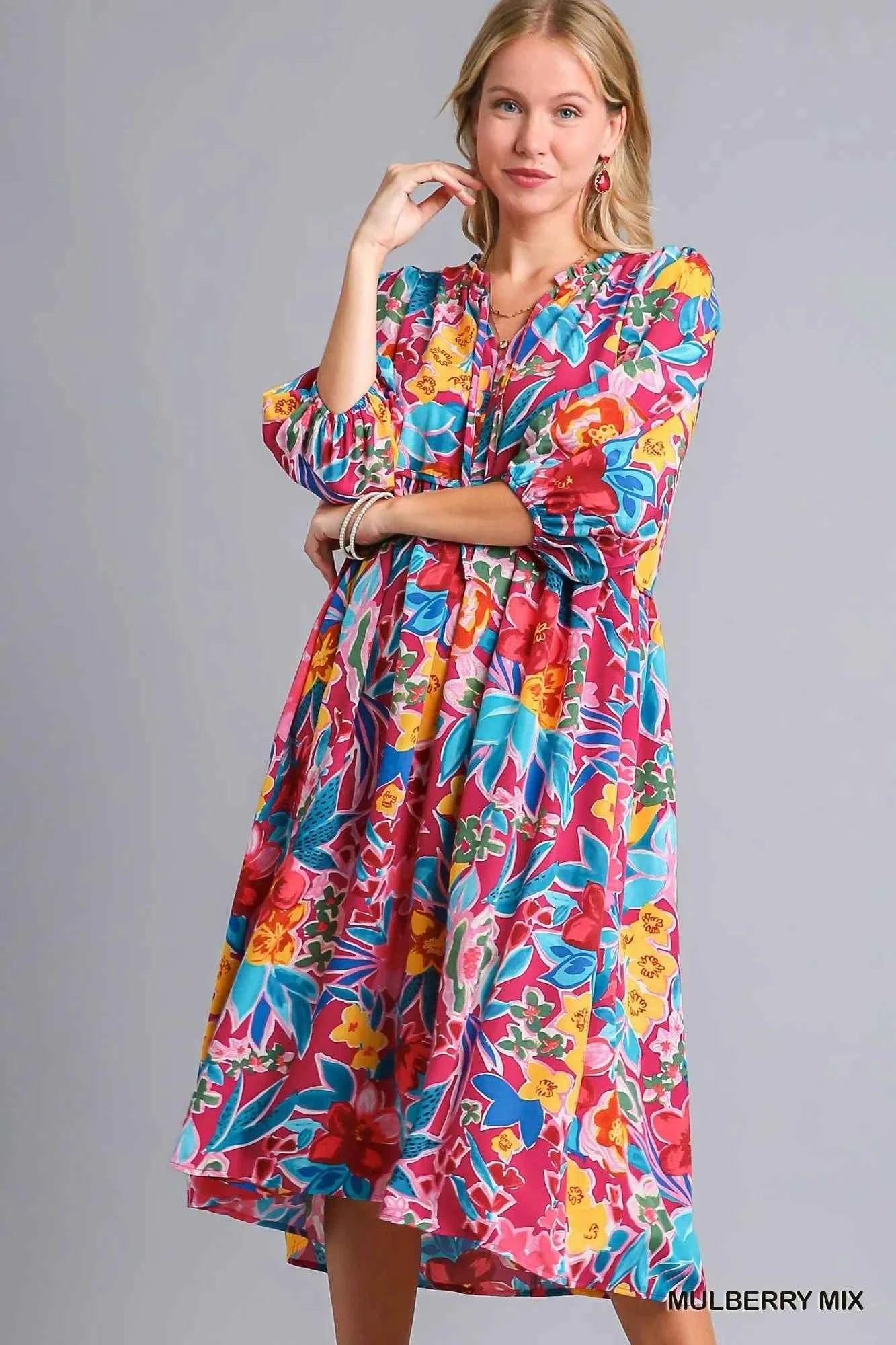Umgee Full Size Floral Print Tie Neck Midi Dress with Pockets Plus Size MULBERRY MIX 4744bbce-cca0-4538-a462-bafd565231dc-Max-Origin