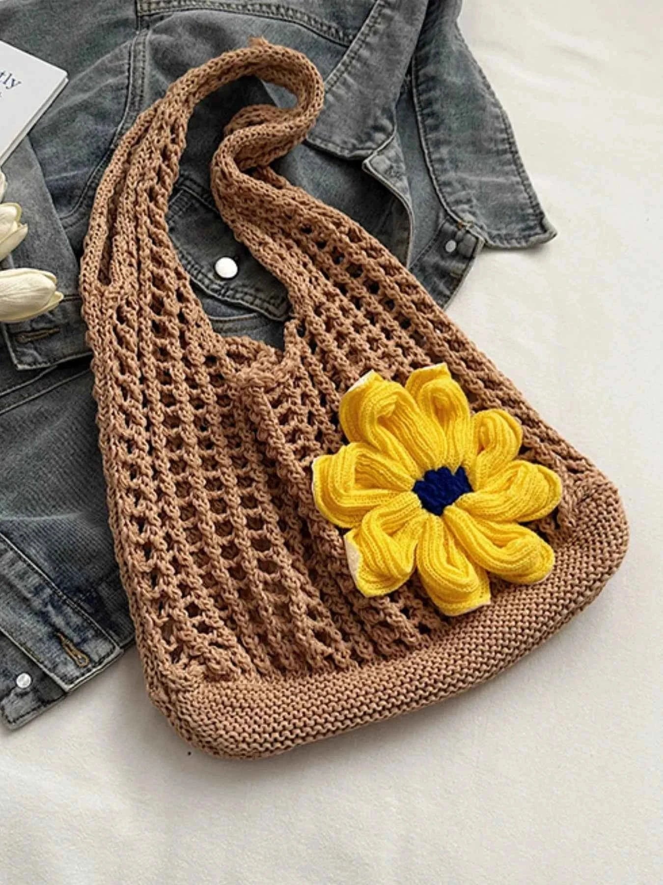 Flower Crochet Shoulder Bag Khaki onesize 474bd2ac-13fb-4a54-ba27-f3061d3f3bfa-Max-Origin