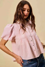 SO ME Gingham Lace Trim Button Bubble Sleeves Blouse 474c62ed5048412e834b80e88c1b7dc7-Max-Origin