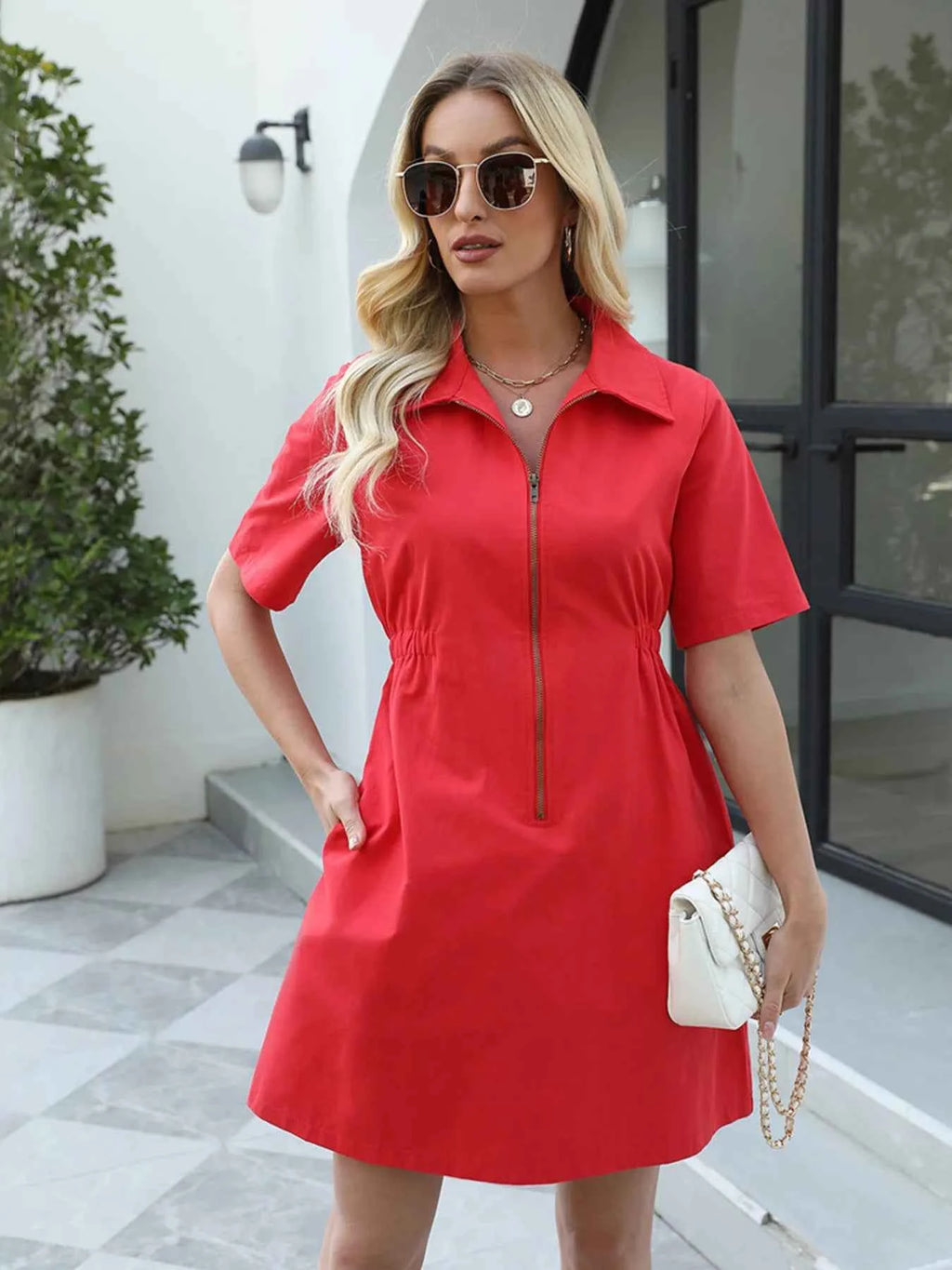 Zip-Front Short Sleeve Shirt Dress 474d2b6657ec42169d2ccf20f03c1453-Max-Origin