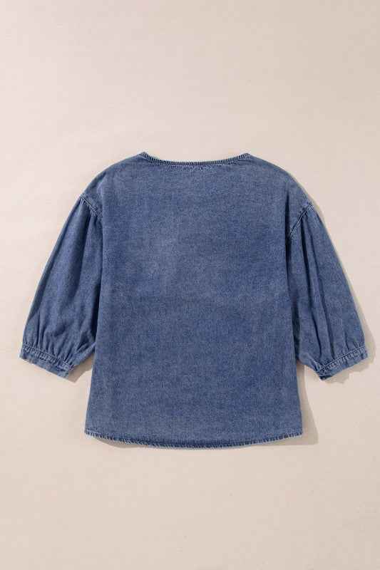Denim 3/4 Sleeve Ruffle Patch Pocket Blouse 4750ea5a-5757-4a73-adbe-2e9657348d60