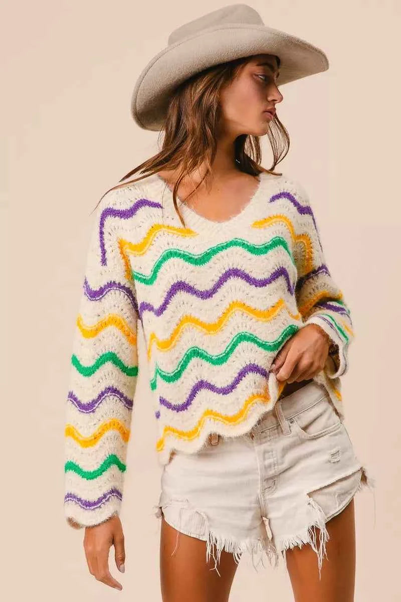 BiBi Mardi Gras Wavy Stripes V-Neck Sweater 4751ec9883fb4461ac6ce1418ab07229-Max-Origin