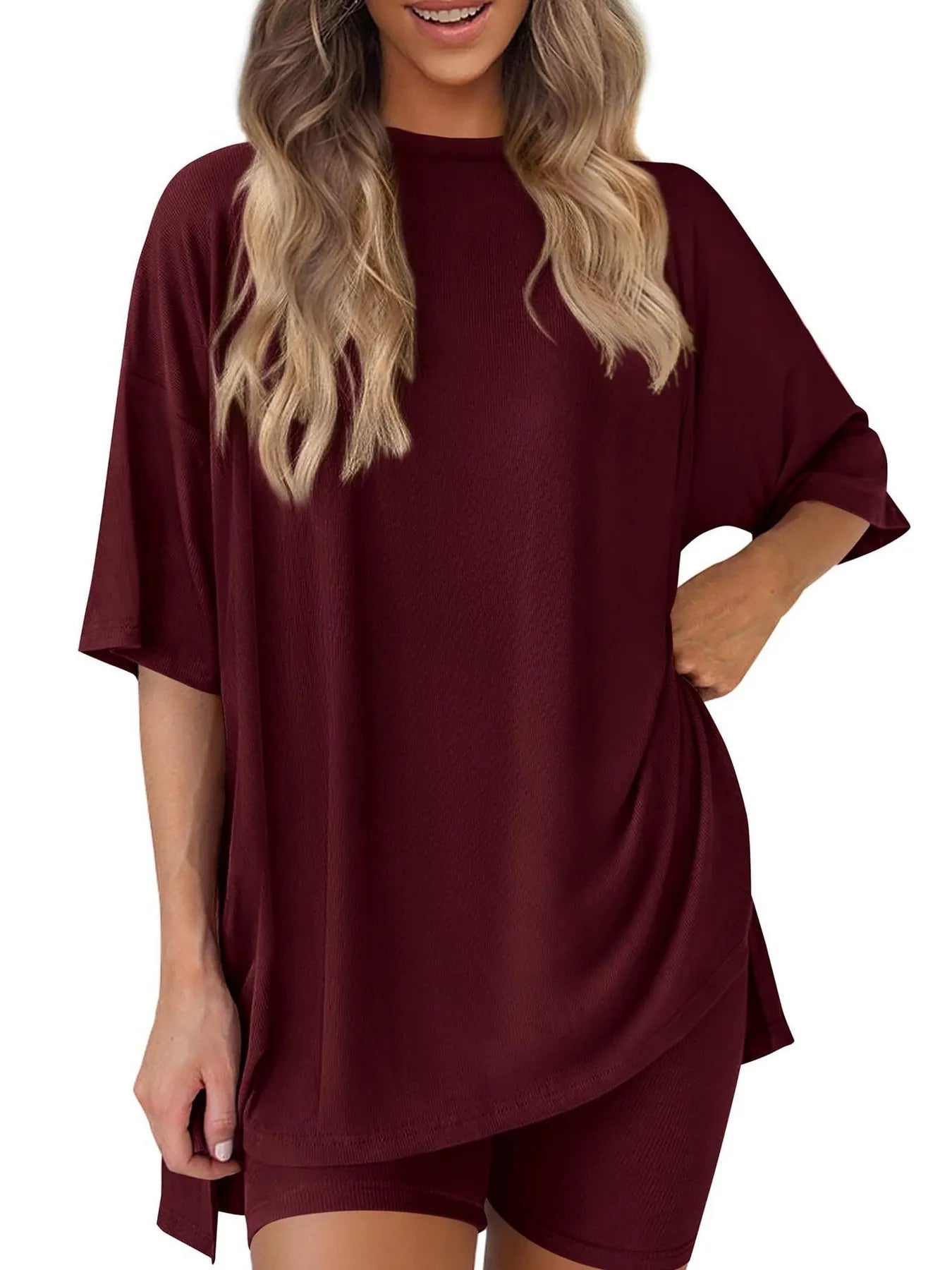 Full Size Oversized Round Neck Top and Shorts Set Plus Size Burgundy 4752427046274816825a30d907f9b00e-Max-Origin