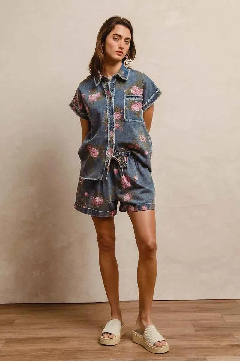 BiBi Floral Printed Denim Short Pants With Pocket 4758915412a34fa696b4a0a58947ad33-Max-Origin