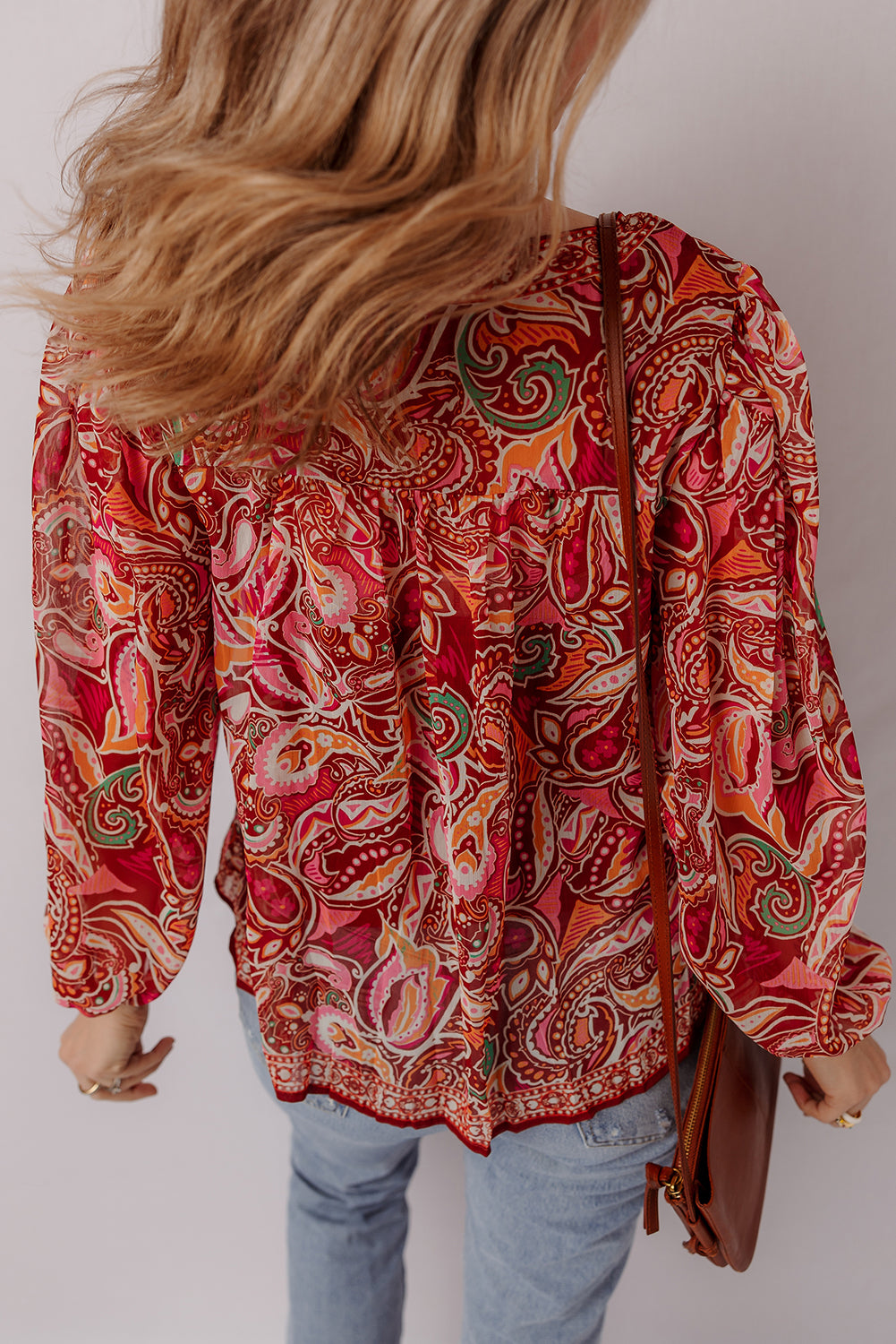 Multicolour Ethnic Paisley Print Tassel Tie Puff Sleeve Boho Blouse 475b1d9312d50a1c