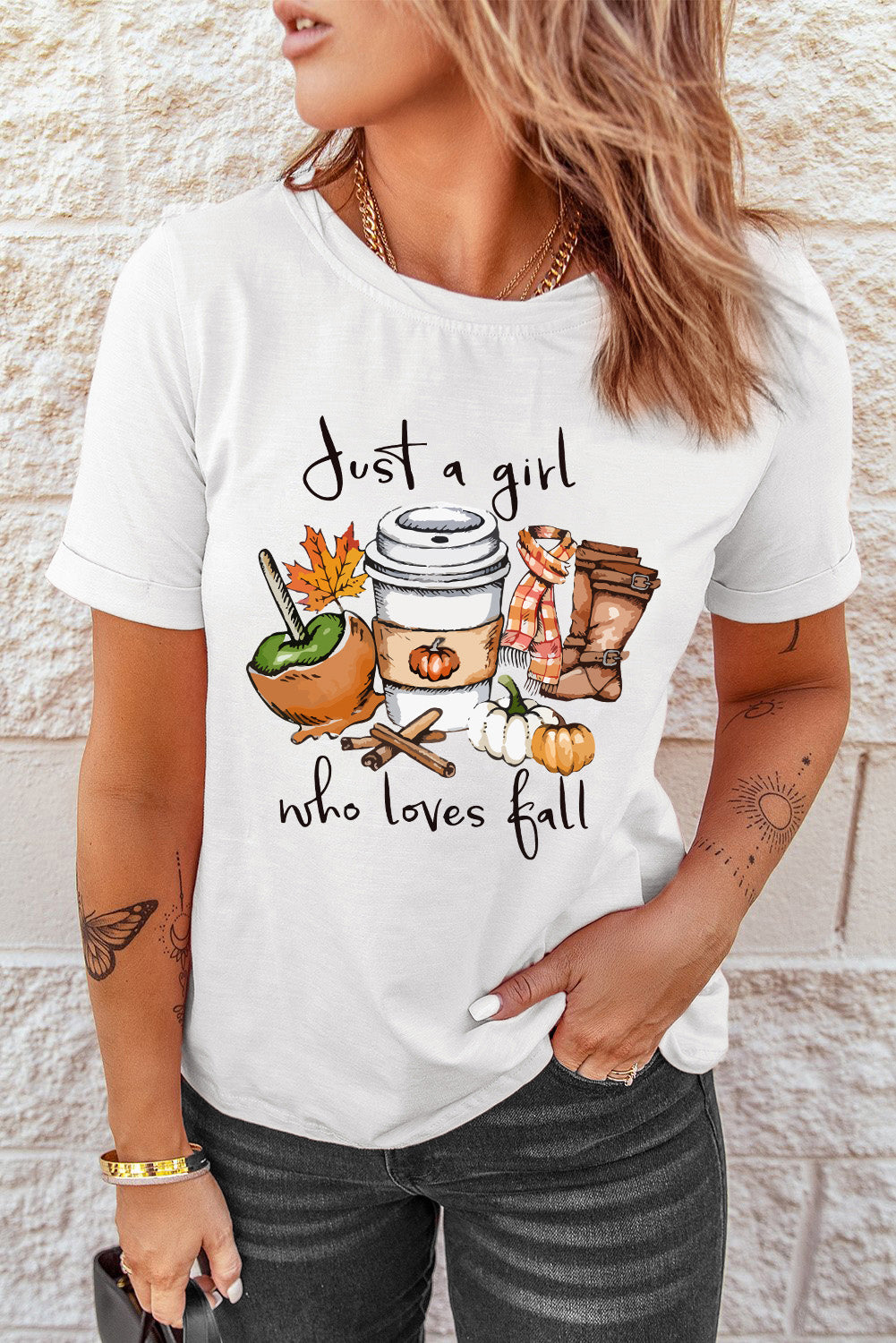 White Fall Vibe Graphic Print Crew Neck T Shirt 475b3f58e29221eb