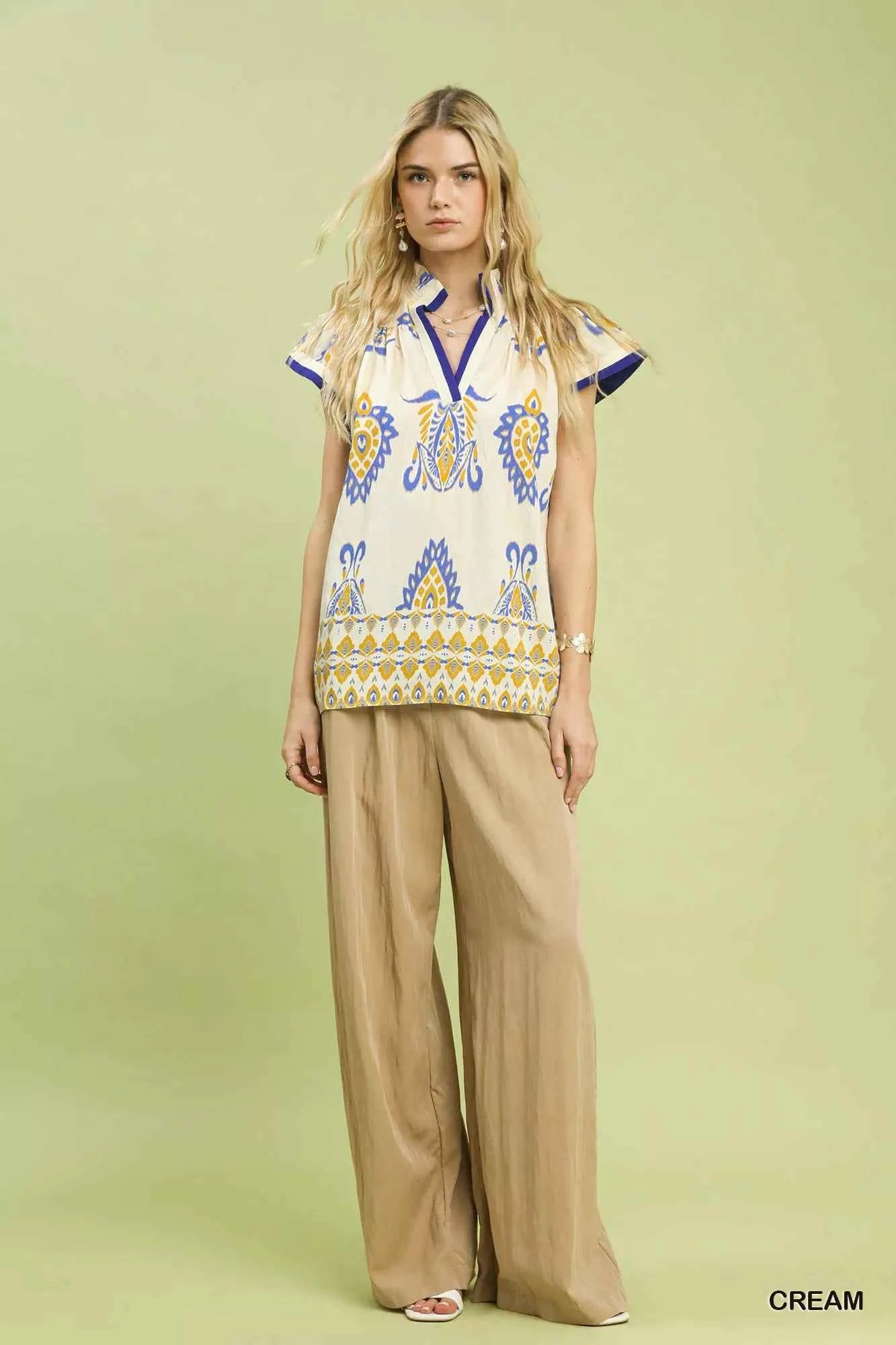 Umgee Border Print Split-Neck Boho Top 475b70b8-3fe5-4b48-aab8-45b6df0f181b-Max-Origin