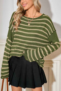 Green Stripe Casual Stripe Round Neck Drop Shoulder Sweater Green Stripe 100%Acrylic 475db83213624de0