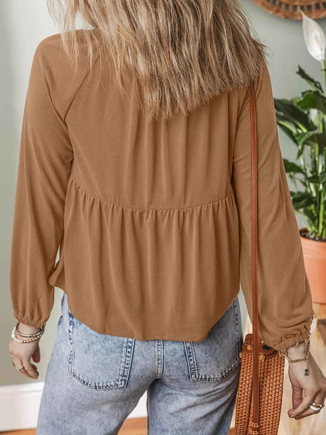 Smocked Buttoned Split V Neck Flow Fit Blouse 47650b62e0e94b6fa9541fd18b8ab3b0-Max-Origin