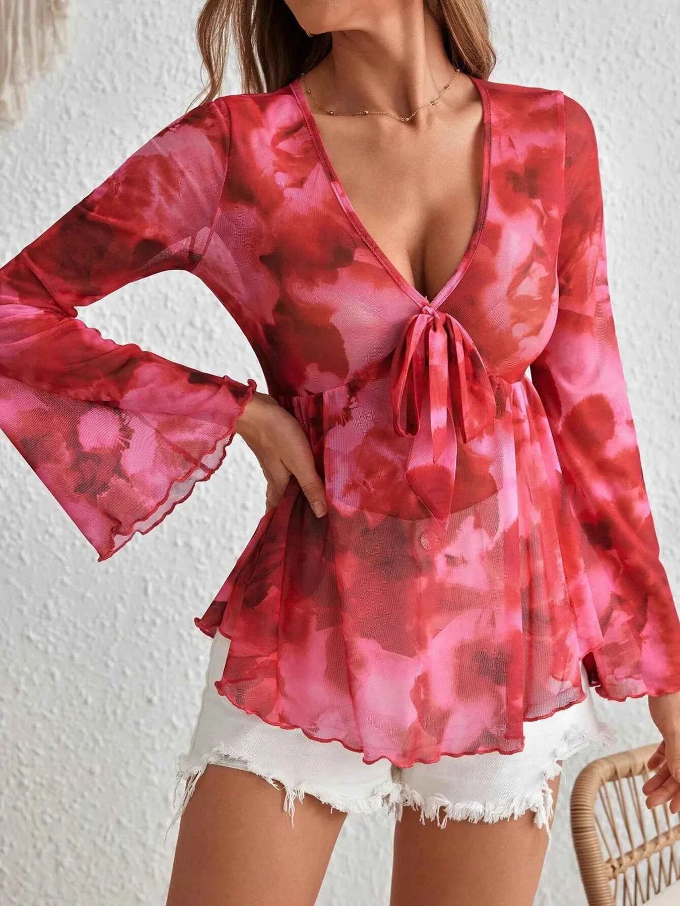 Tie-Front Flare Sleeve Blouse 476966b7dc894846b70f5328352871c4-Max-Origin