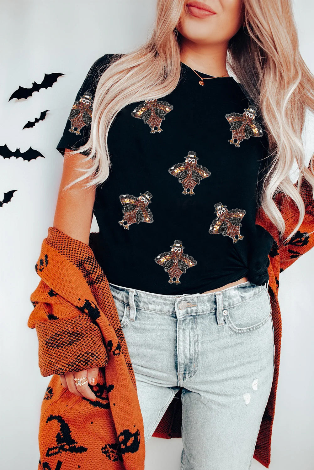 Black Sequin Turkey Patch Application Graphic Tee Black 62%Polyester+32%Cotton+6%Elastane 476c01fb968a74a0