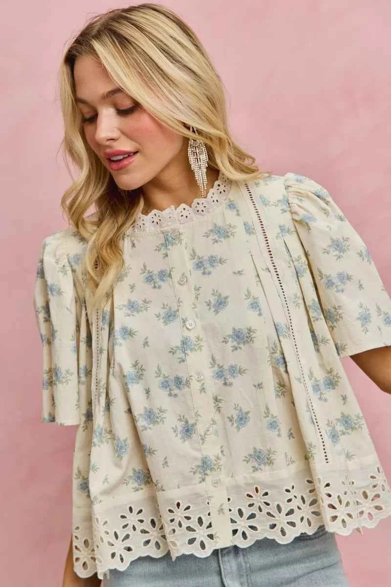 SO ME Floral Print Lace Trim Flutter Sleeves Blouse 476f0183-aab7-4401-ae9c-630b44de5282-Max-Origin